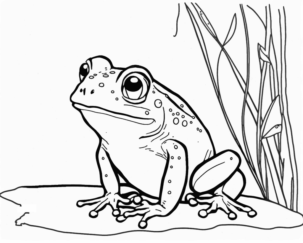 Omaľovánka žaby s veľkými očami sediacej vedľa dlhých stebiel trávy